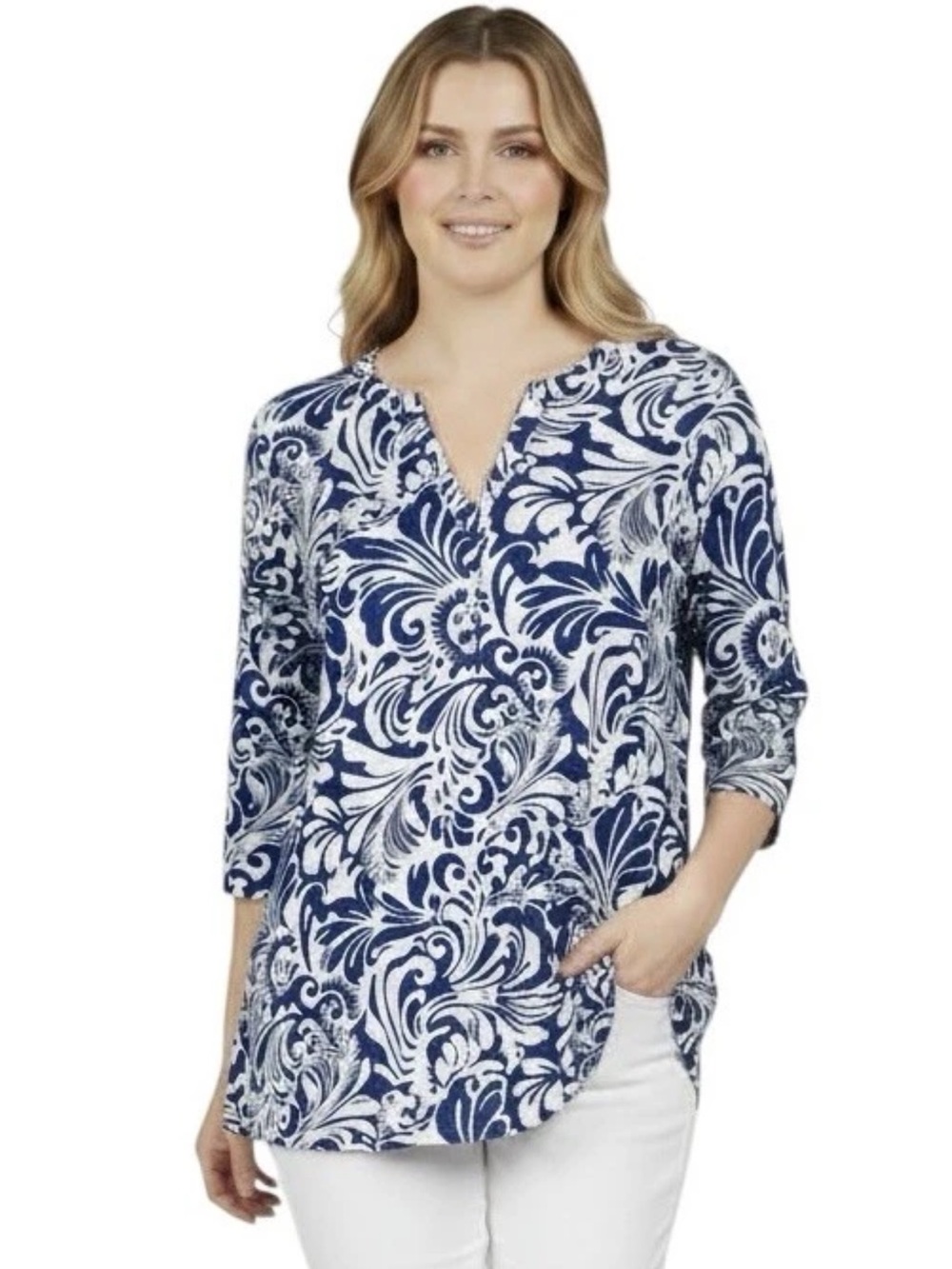 Chicos Size 3 US XL Henley Tunic Top Cotton Modal Knit Blue Floral Print